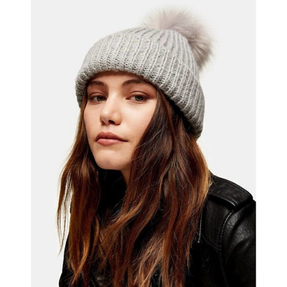 Topshop Bobble Beanie Faux Fur Pom Pom Gray-grey